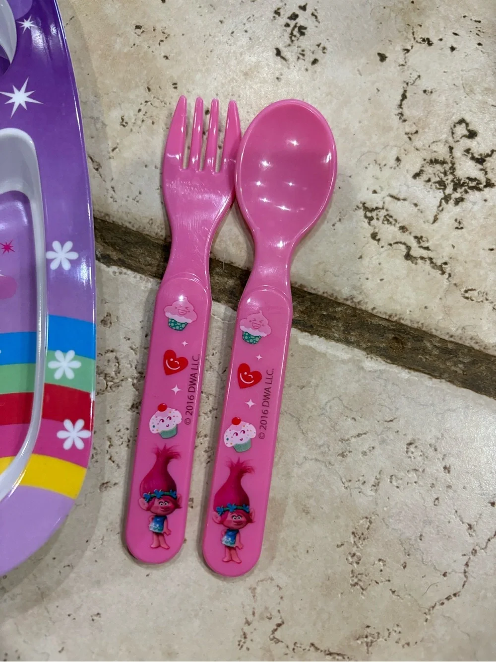 Trolls Kids Sectioned Dinner Plate with Pink Utensils